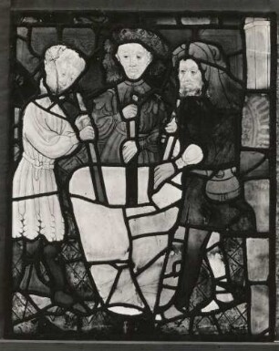 Erfurt. Barfüßerkirche. Chor. Farbige Glasfenster (nach der Restaurierung 1960). Ostfenster, Mittelbahn, Zeile 7: Wappen der Färber (Gesamtaufnahme; 62 x 52,5 cm, Anfang 15. Jahrhundert