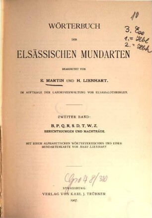 Wörterbuch der elsässischen Mundarten, 2. B, P, Q, R, S, D, T, W, Z, Berichtigungen und Nachträge