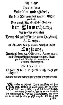 Davidischer Lobpsalm und Gebet, zu dem Dreyeinigen wahren GOtt gerichtet.