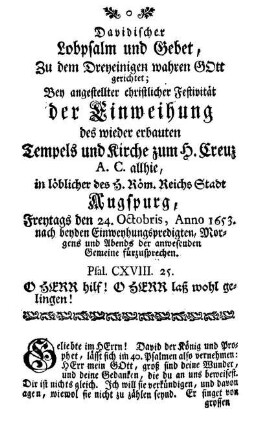 Davidischer Lobpsalm und Gebet, zu dem Dreyeinigen wahren GOtt gerichtet.