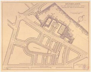 Grünanlagen auf dem Siedlungsgelände Schönholzer Weg, Berlin-Reinickendorf: Anlagen mit Straßenzügen und Wasserbecken im Grundriss 1:1000, Maßstabsleiste, Stempel