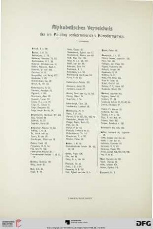 Alphabetisches Verzeichnis der im Katalog vorkommenden Künstlernamen