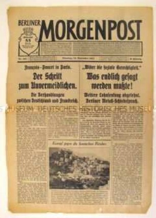 Titelblatt der Tageszeitung "Berliner Morgenpost" u.a. zu den Beziehungen zwischen Deitschland und Frankreich