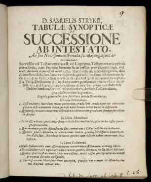 D. Samuelis Strykii, Tabulae Synopticae De Successione Ab Intestato : Ad Ius Novissimum Novellae sc. 118. eiusq[ue] usum accomodatae ; Successio vel Testamentaria est ...