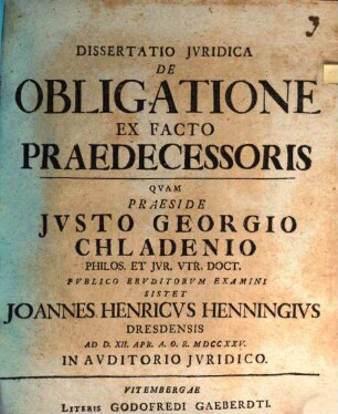 Diss. iur. de obligatione ex facto praedecessoris