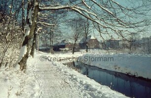 Beste: links Wanderweg am Kurpark: hinten zwischen Bäumen Gebäude an Straße Am Kurpark: Winter