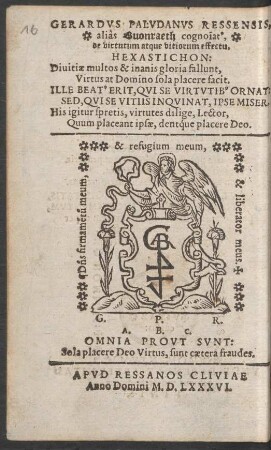Gerardus Paludanus Ressensis ... Hexastichon:
