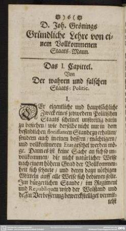 Das I. Capittel. Von der wahren und falschen Staats-Politic