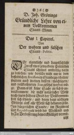 Das I. Capittel. Von der wahren und falschen Staats-Politic