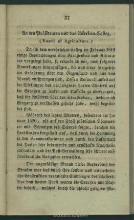An den Präsidenten und das Ackerbau-Colleg