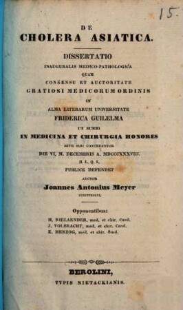 De cholera Asiatica : dissertatio inauguralis medico-pathologica