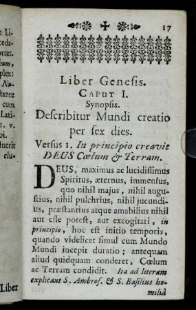 Caput I. Describitur Mundi creatio per sex dies.
