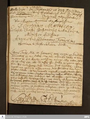Brief von August Hermann Francke an Cotton Mather.
