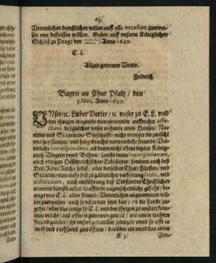 63-71, Bayrn an Chur Pfaltz den 5. Maij Anno 1620