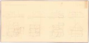 Garten Hermann Leinweber, Berlin-Schlachtensee: Vorderansicht, Rückansicht, 2 Seitenansichten, Schnitt, Grundrisse Kellergeschoss, Erdgeschoss und Dachgeschoss 1:100 (Zeichnung des Architekten)