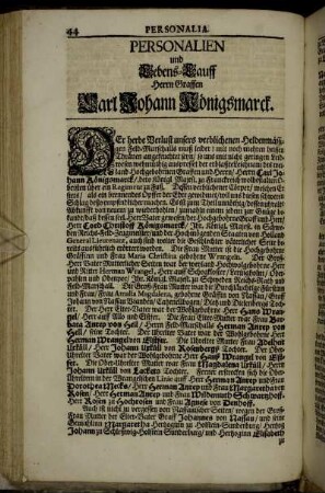 Personalien und Lebens-Lauff Herrn Graffen Carl Johann Königsmarck.