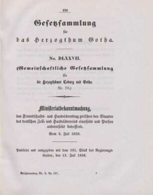 577. Ministerialbekanntmachung, den Freundschafts- und Handelsvertrag zwischen den Staaten des deutschen Zoll- und Handelsvereins einerseits und Persien andererseits betreffend; vom 2. Juli 1858.