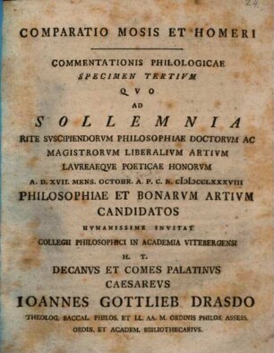 Comparatio Mosis et Homeri : Commentationis Philologicae Specimen Altervm, Specimen Tertivm