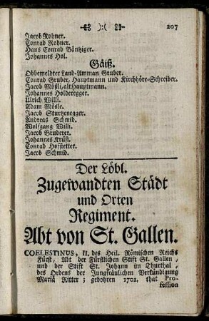Der Löbl. Zugewandten Städt und Orten Regiment. /Abt von St. Gallen. - Löbl. Stadt St. Gallen Regiment.