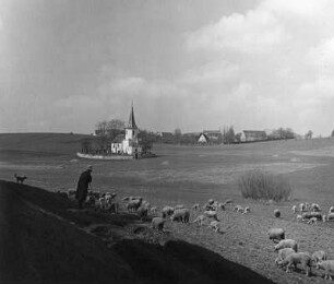 Schäfer mit Herde. Im Hintergrund Kirche von Hörlbach