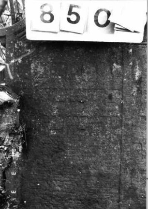 Grabstein 850 (Index: 99751256) Material: Sandstein Zustand: verwittert Maße HxBxT: 117x87x11 cm Beschreibung: Doppelstele, Schriftfelder eingetieft: Grabstein 850B
