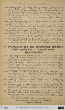 V. Palaeographie und Handschriftenkunde. Miniaturmalerei. Kalligraphie. Stenographie (Nr. 1018 - 1348)