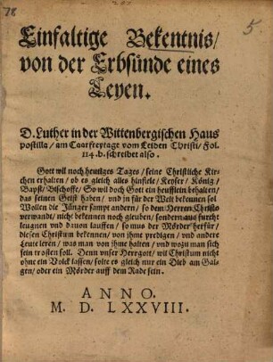 Einfaltige Bekentnis von der Erbsünde eines Leyen ...