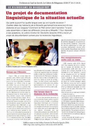 Le bilinguisme en Moselle-Est. Un projet de documentation linguistique de la situation actuelle.