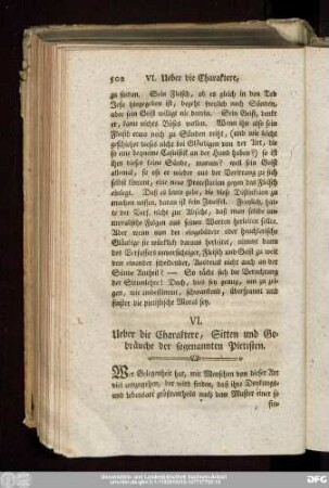 VI. Ueber die Charaktere, Sitten und Gebräuche der sogenannten Pietisten.