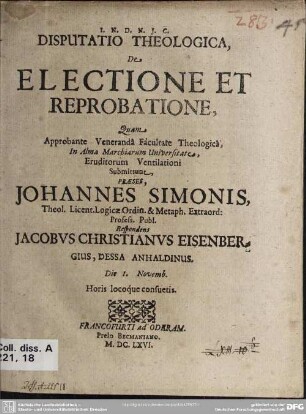 Disputatio theologica de electione et reprobatione