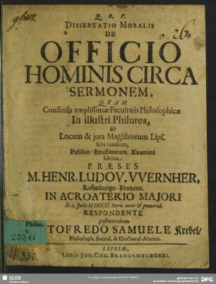 Dissertatio Moralis De Officio Hominis Circa Sermonem