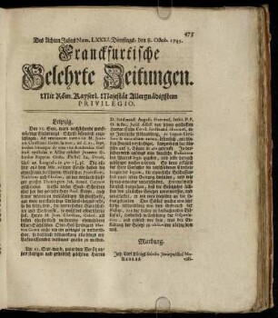 Num. LXXXI. Dienstags, den 8. Octob. 1743 - Num. XC. Freytags, den 8. Novemb. 1743