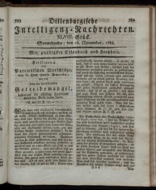 XLVIII. Stück. Sonnabends: den 26. November, 1785.