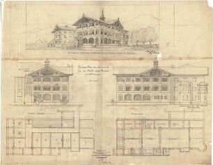 Thiersch, August ; Schliersee (Bayern); Hotel "Seebad", Umbau - Grundriss EG, Grundriss 1. OG, Ansichten,Perspektive