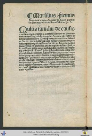 Marsilius Ficinus Florentinus domino Hermano...
