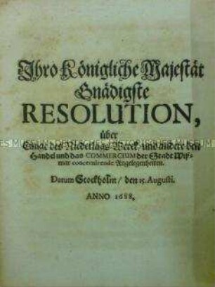Königliche Resolution zum Handel der Stadt Wismar