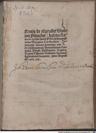 Oratio de eligendo summo pontifice : Rom, 1492.08.06