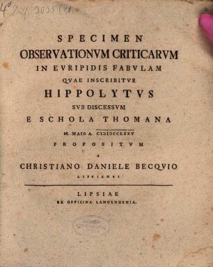 Specimen observationum criticarum in Euripidis fabulam quae inscribitur Hippolytus ...