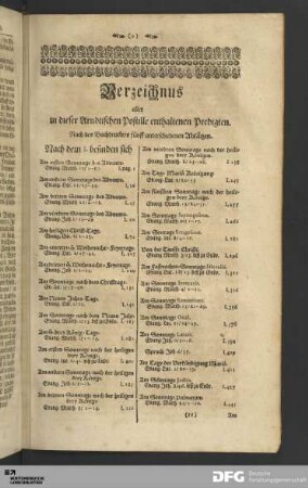 Verzeichnus aller in dieser Arndtischen Postille enthaltenen Predigten