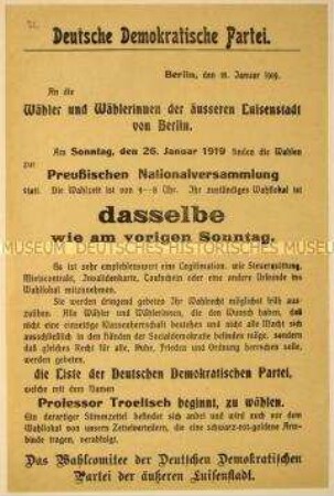 Programmatischer Wahlaufruf der DDP zur Wahl der Preußischen Nationalversammlung in Berlin