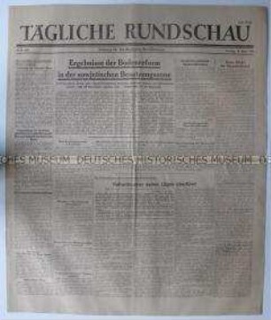 Sowjetische Tageszeitung für die deutsche Bevölkerung "Tägliche Rundschau" u.a. zur Bodenreform in der SBZ