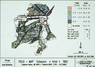 Yield - Map Scheyern * total * 1992 (summer-barley; MF-DGPS + Ashtech-DGPS, 7/30 + 8/7/92)