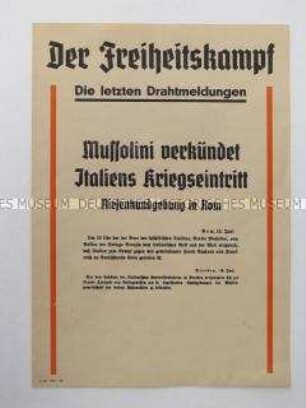 Nachrichtenblatt der sächsischen NSDAP-Zeitung "Der Freiheitskampf" zum Kriegseintritt Italiens