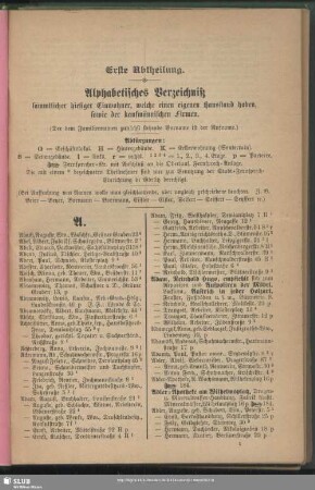 Erste Abtheilung. Einwohnerverzeichnis : Erste Abtheilung. Alphabetisches Verzeichniß sämmtlicher hiesiger Einwohner, welche einen eigenen Hausstand haben, sowie der kaufmännischen Firmen