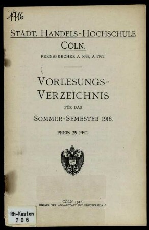 Vorlesungsverzeichnis Handelshochschule Köln SS1916