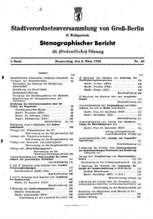 Nr. 40, 2. März 1950, Ordentliche Sitzung