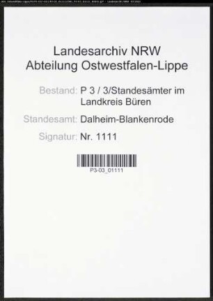 Heiratsregister Standesamt Dalheim-Blankenrode