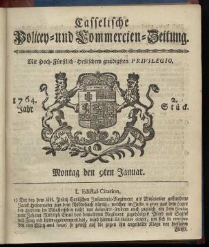 2. Stueck, Montag den 9ten Januar 1764