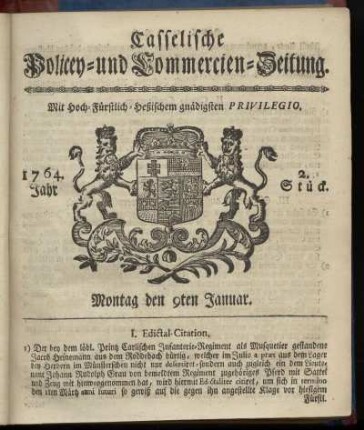 2. Stueck, Montag den 9ten Januar 1764