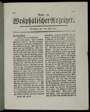 Num. 52. Westphälischer Anzeiger. Dienstags, den 1ten July 1800. - Num. 56. Westphälischer Anzeiger. Dienstags den 15ten July 1800.